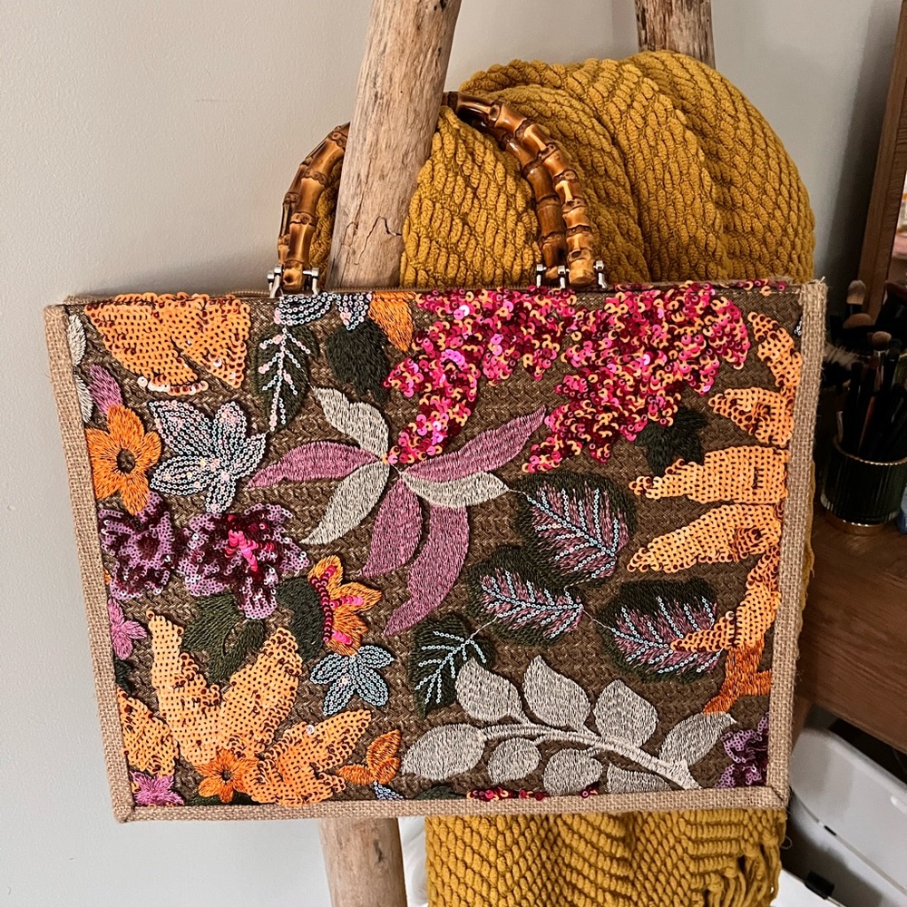 Sequined bamboo handle tote